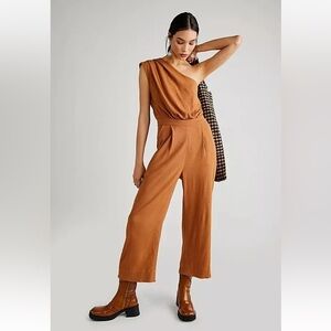 Free People Avery Jumpsuit One Shoulder Wide Leg Pocket Zip Small 6 NWOT